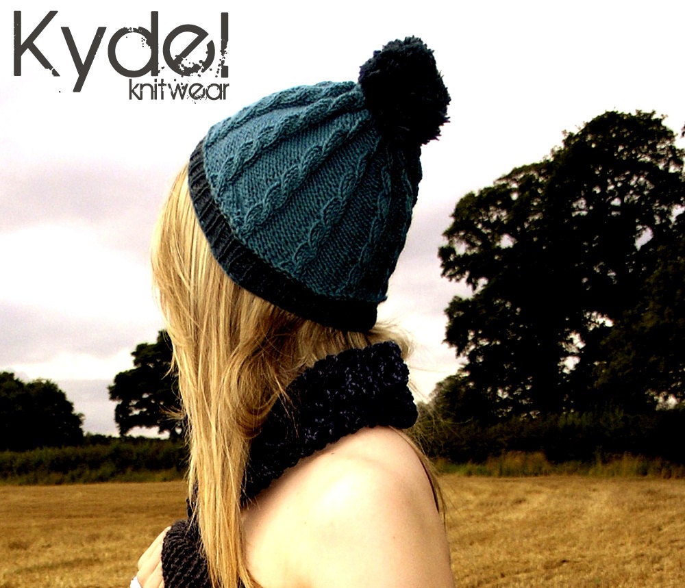 Hat Pom Pom Beanie Hand Knit Blue Grey Womens Mens Unisex Winter Accessories Spring Fashion