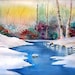 Watercolor Print Snowy River white snow blue river birch trees a yellow-orange glowing sunset green red burgundy foliage
