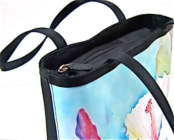 Handbag Tote bag Watercolor Hibiscus Custom Order blue turquoise white green yellow red purple mauve rainbow water resistant microfiber