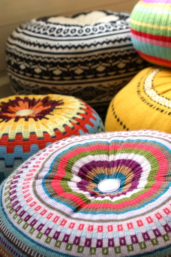 MEDIUM Upcycled Eco knit fairisle, cable floor cushion pouf hassock, Fair Isle brights turquoise cerise mustard jade teal red