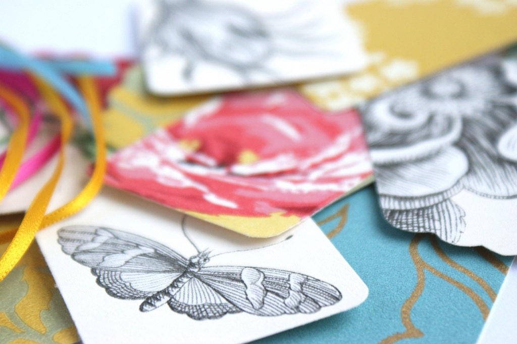 Vintage upcycled wallpaper gift tag, set of 12, etchings, paisley, roses, pink, mustard, turquoise