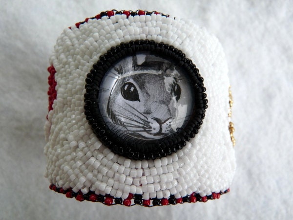 White Rabbit Alice in Wonderland Bead Embroidered Bracelet