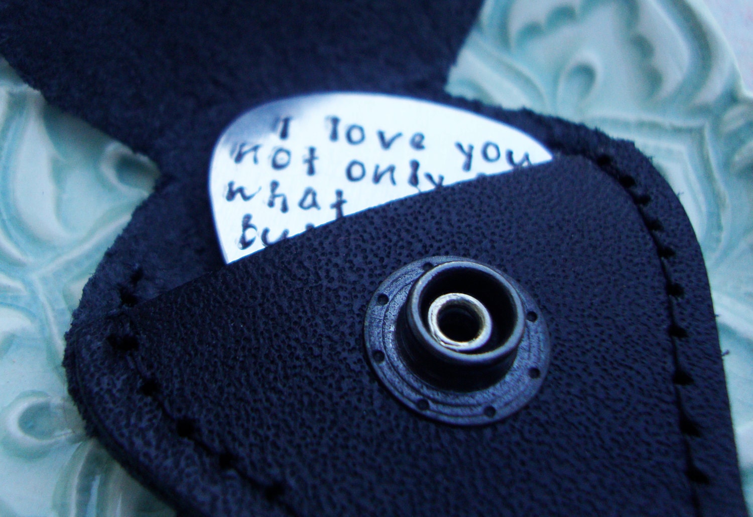 Personalized Father's Day Gift Hand Stamped Sterling Silver Guitar Pick with Leather Keychain Case Mens Gift