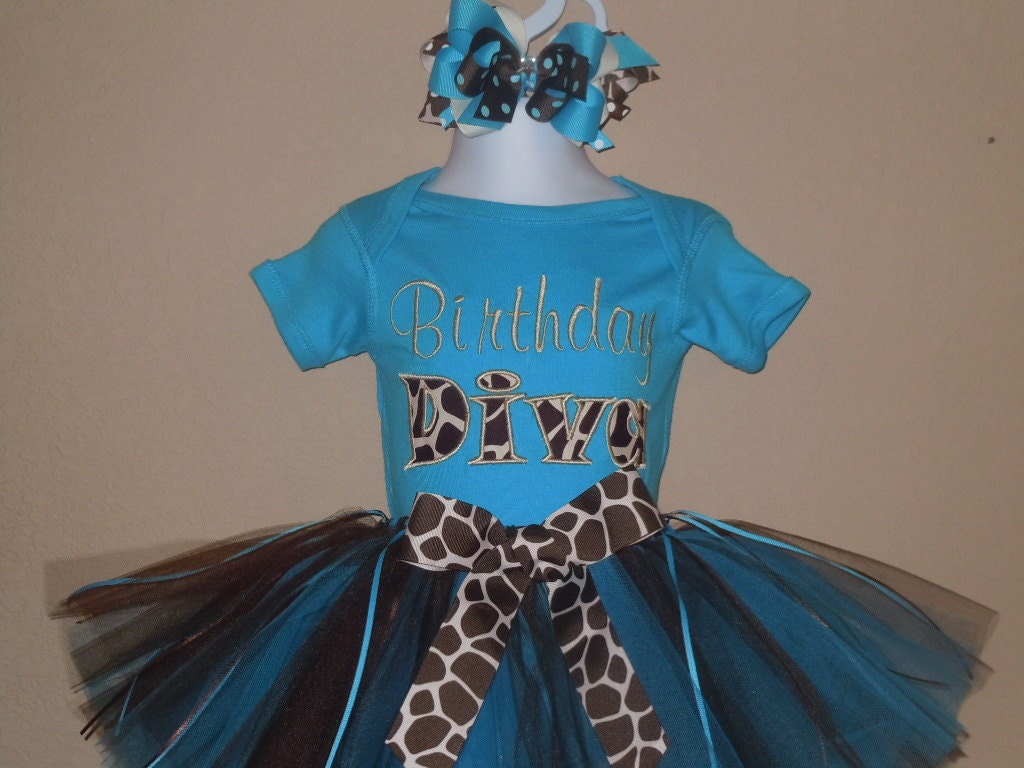 Giraffe Print Turquoise Birthday Outfit -- Includes Onesie/Shirt, Tutu, and  Hair Bow