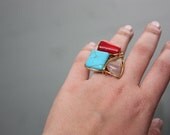 Red Coral, Turquoise and Quartz on Gold Copper Wire Wrapped Ring