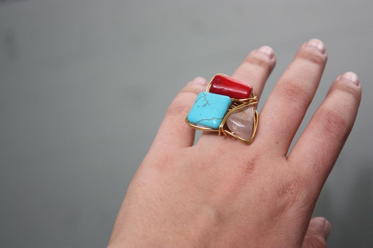 Red Coral, Turquoise and Quartz on Gold Copper Wire Wrapped Ring