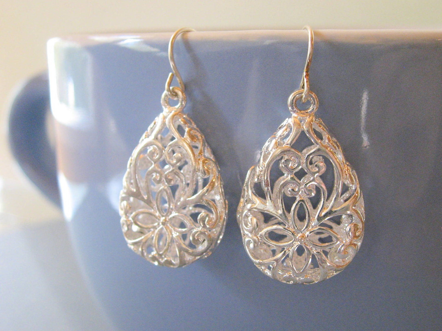 Silver Filigree Teardrop Earrings