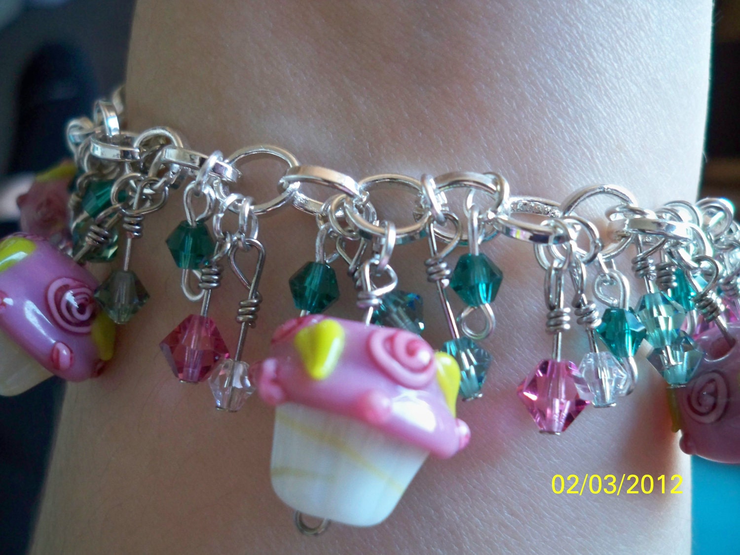FREE SHIPPING in USA - Flower or Cupcake Lampwork Bead Charm Bracelet with Swarovski Crystals