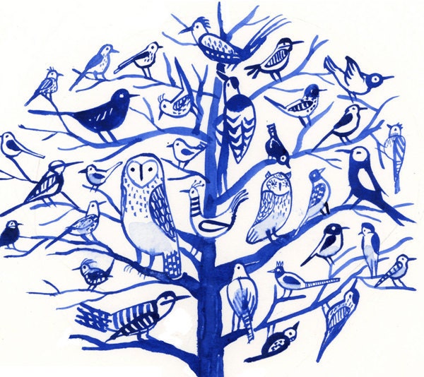 Blue birds tree, giclee print
