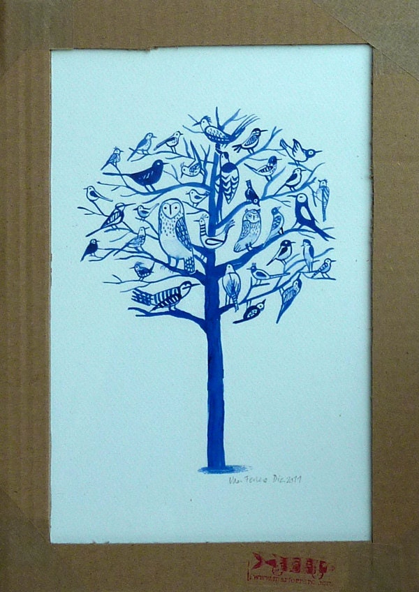 Blue birds tree, giclee print