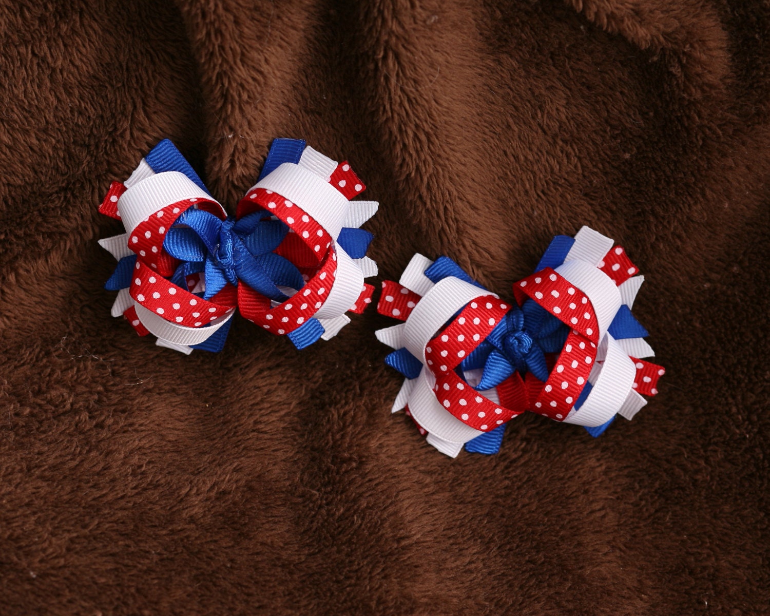 Fourth of July Hair Bow Set of 2 Red, White, and Blue Boutique Pigtail Bows - Small Hair Bows for Baby Toddler or Big Girls Too