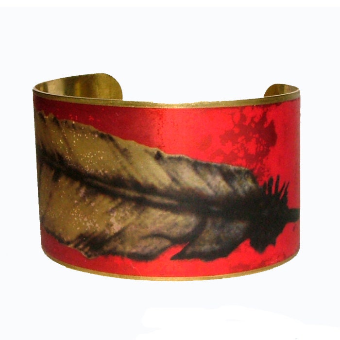 Feather Cuff Bracelet Brass Adjustable Red Black White