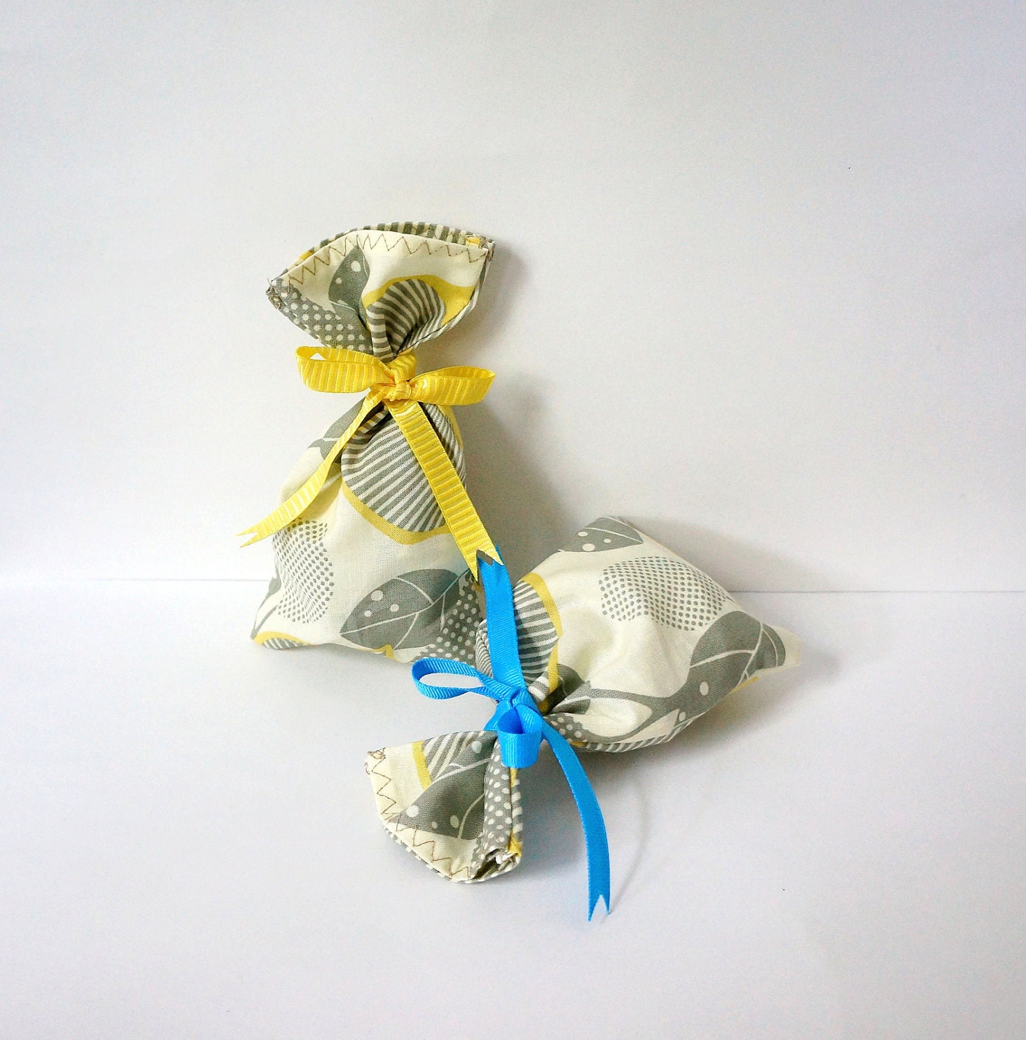 Yellow and Gray Floral Print Fabric Favor Bag with Bow