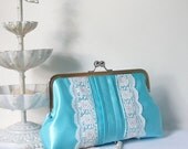 SALE- Romantic Pleated Clutch Purse with Lace Trims- Aqua Blue