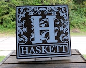 11x11 Wooden "Tile" Sign in Initial Design With Lovely Floral Detail and Last Name