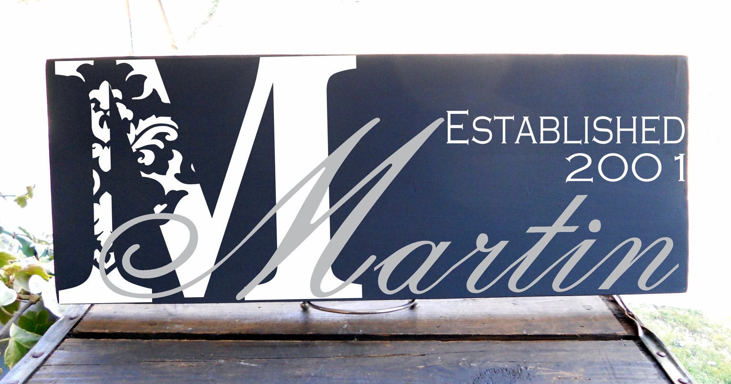 Damask Detailed Monogram With Last Name Overlay Sign Includes Established Date 7 1/4x 19"