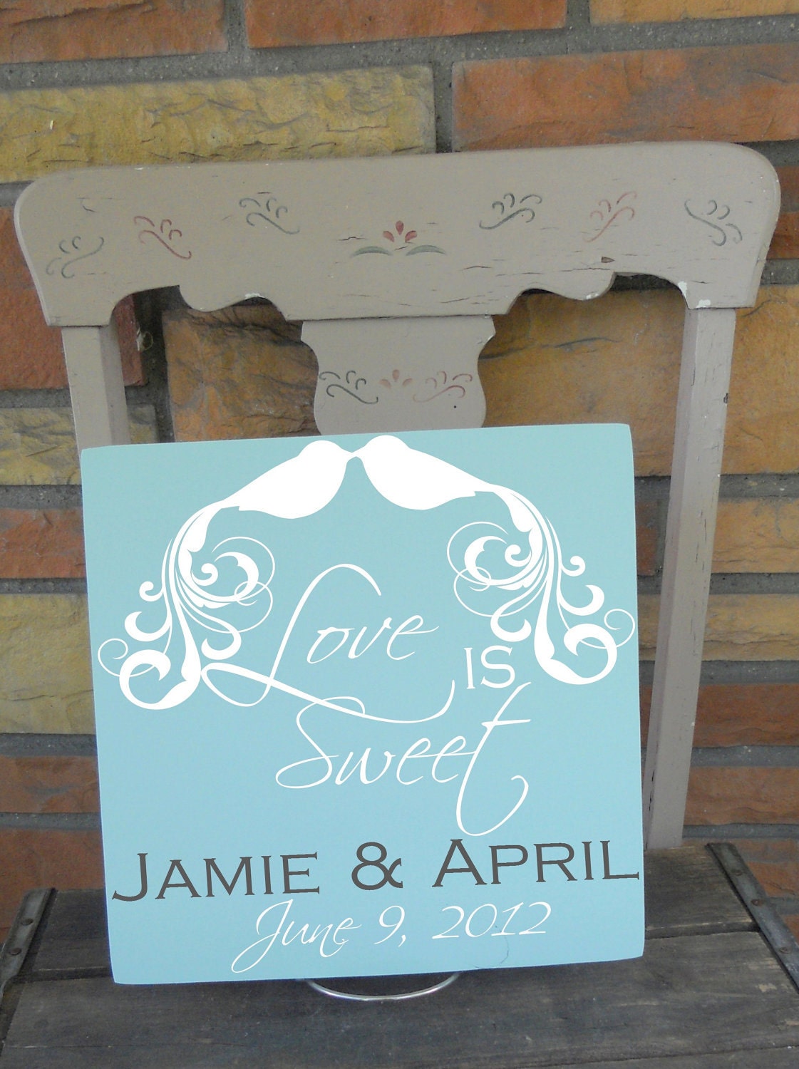 Fancy Bird "Love Is Sweet"  Design 11x11 Wooden "Tile" With Couple First Name and Wedding Date