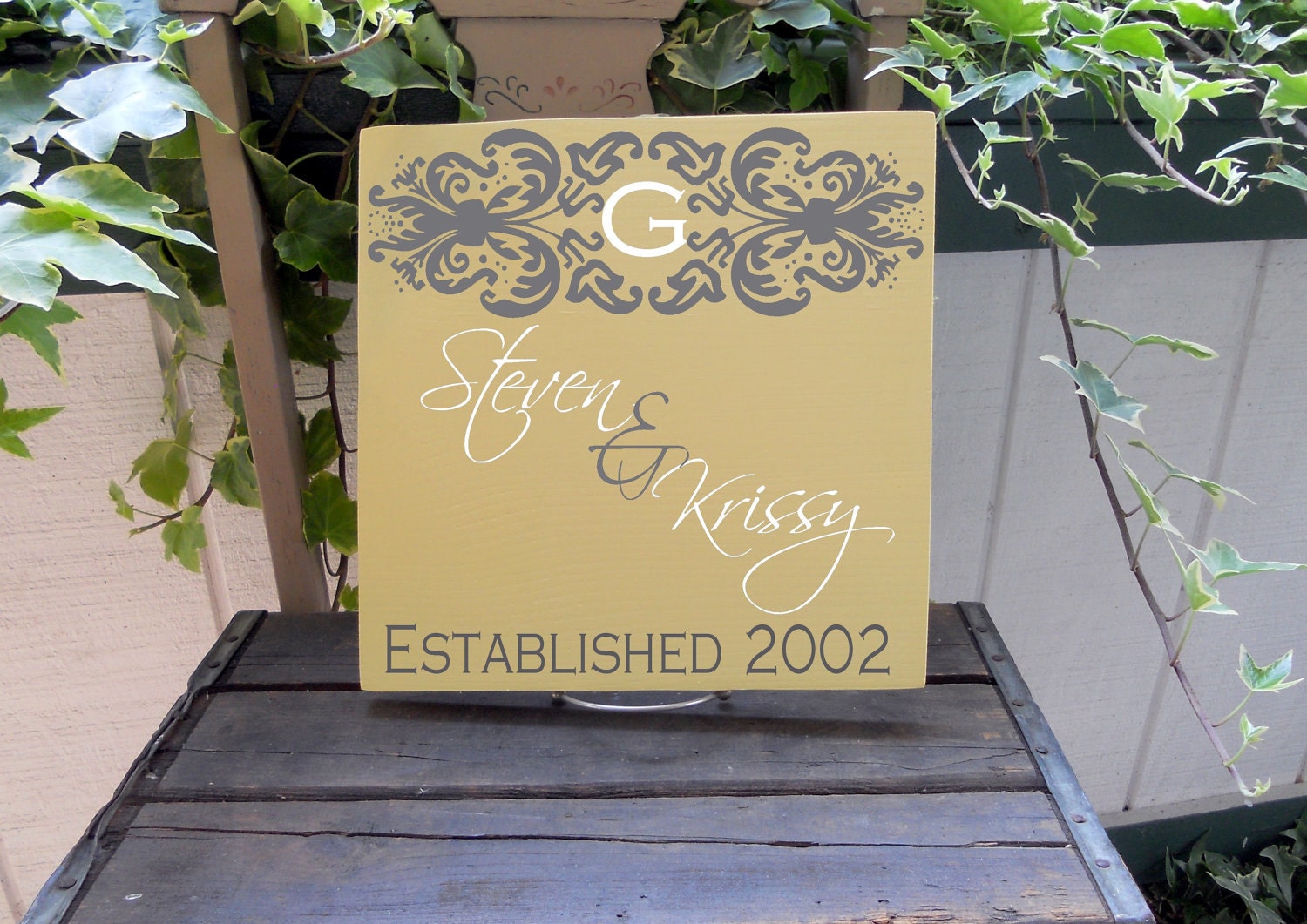 11x11 Personalized Wooden Sign With Decorative Monogram Design, Includes Couples First Names and Established Date