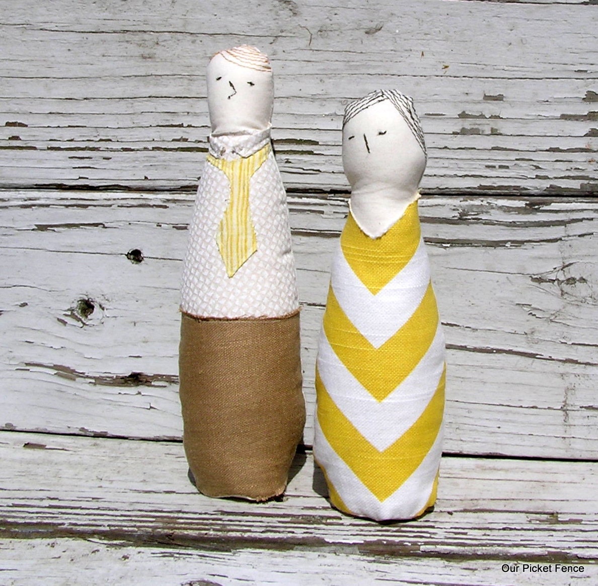 Handmade Husband and Wife Doll with Yellow Chevron Print