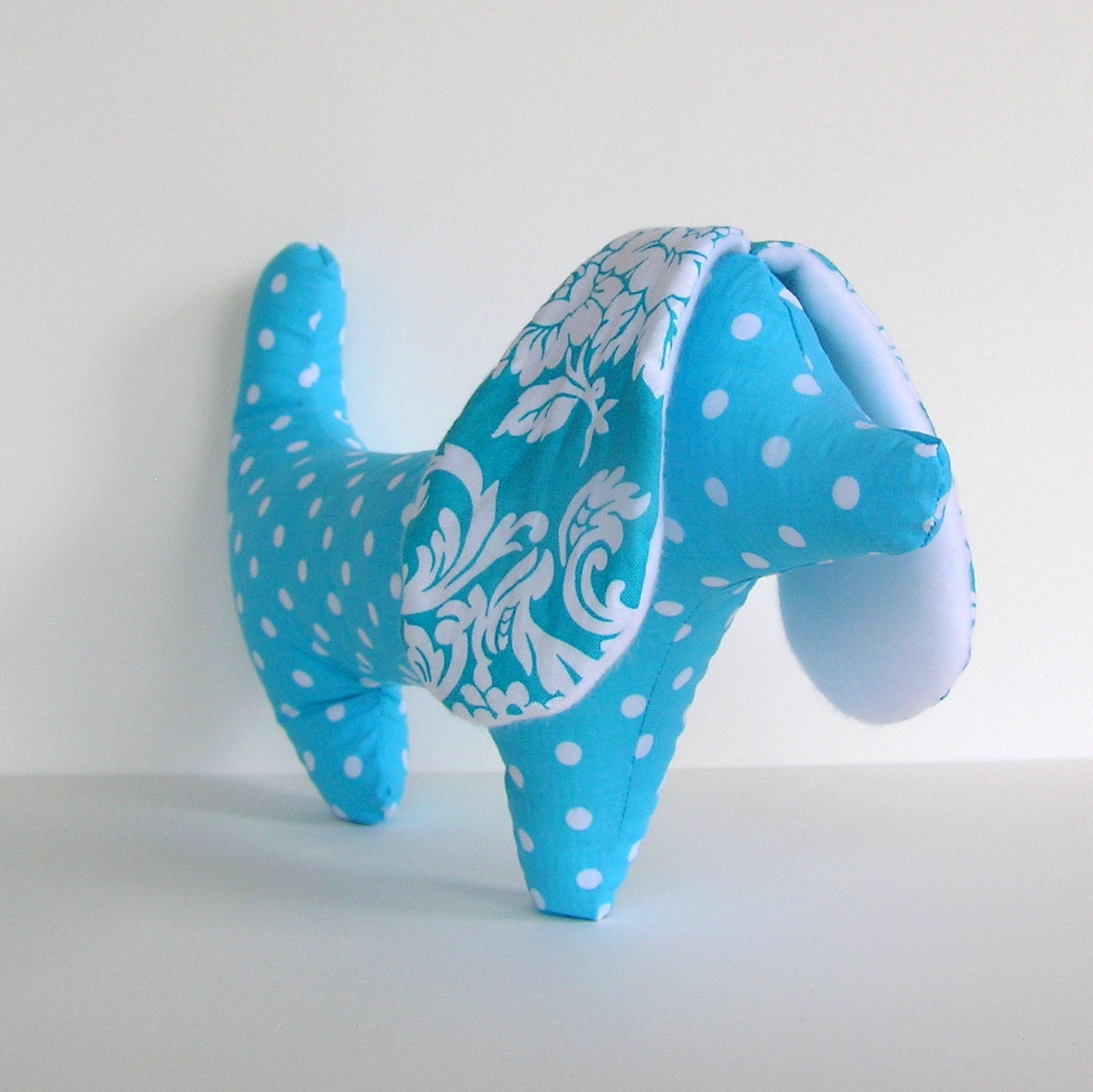 Stuffed Dachshund Toy Dog - Aqua polka dot wiener dog