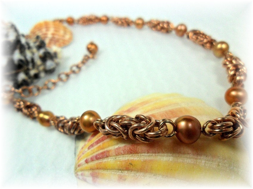 Chainmaille Necklace-Bronze Wire-Freshwater Pearls by ChicArtistique-on Etsy