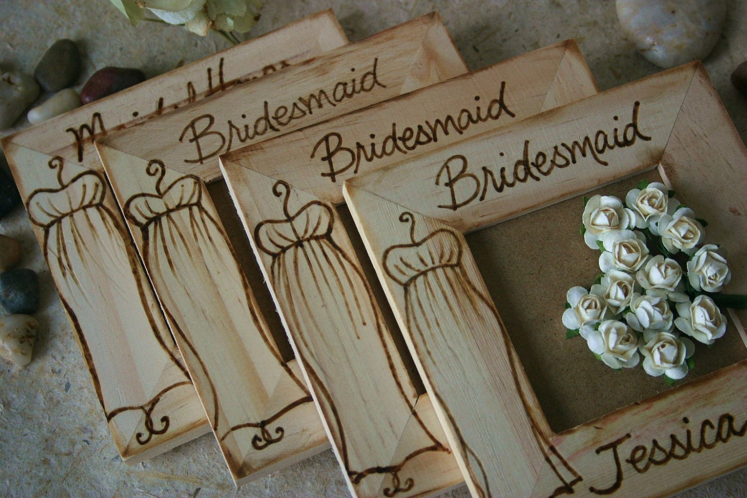Personalized Bridesmaid Favors Gifts Bridal Party Gifts Picture Frames Rustic Woodland Art in Wood Gown Dress Set of 4 custom frames