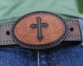 Brown/tan leather cross belt buckle, hand-tooled