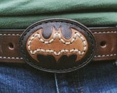 Brown leather and hemp Batman logo belt buckle, hand-tooled