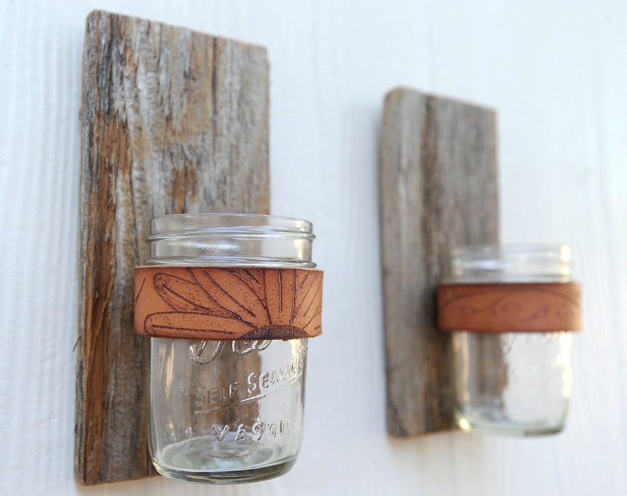 Branded Jar Sconce, made of rustic reclaimed wood fence picket, leather and mason jar
