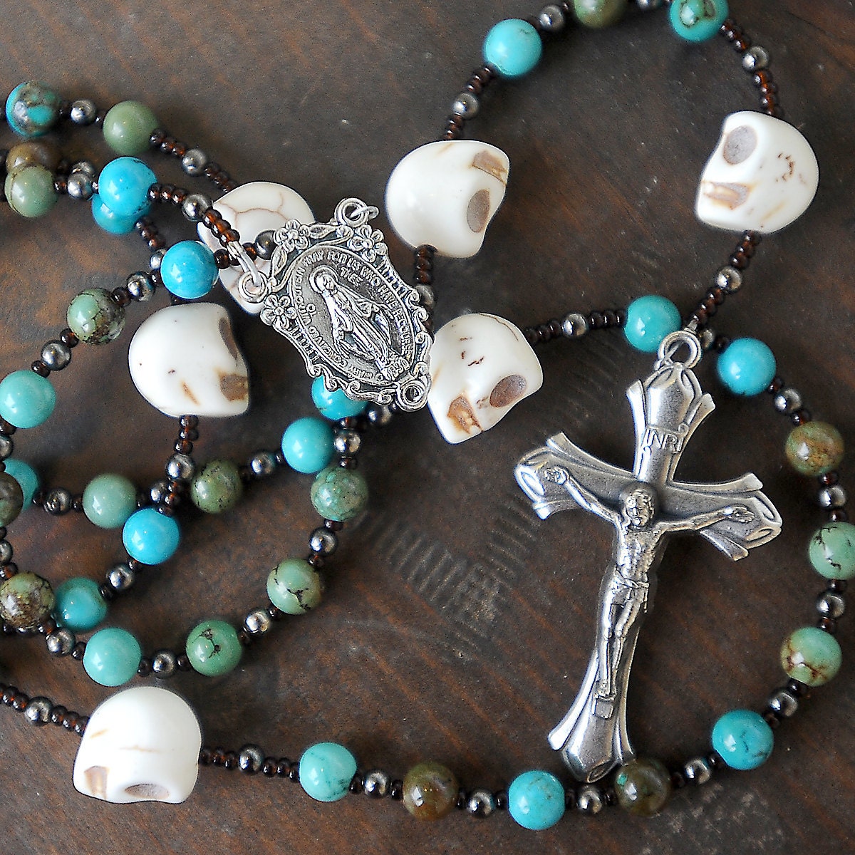Day of the Dead Catholic rosary, turquoise, green, brown, white skulls, great gift for your loved-one's first communion