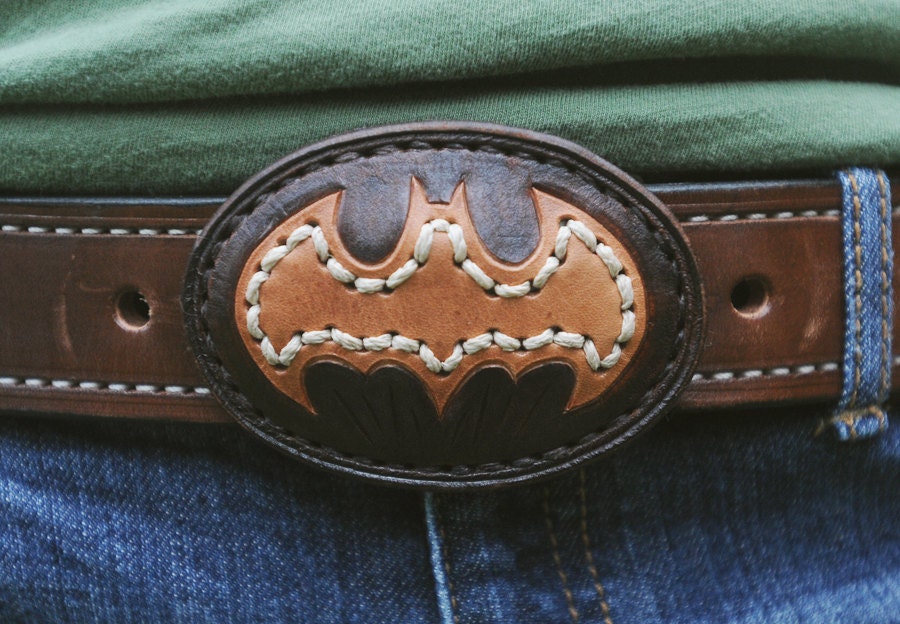 Brown leather and hemp Batman logo belt buckle, hand-tooled