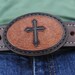 Brown/tan leather cross belt buckle, hand-tooled