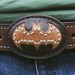Brown leather and hemp Batman logo belt buckle, hand-tooled