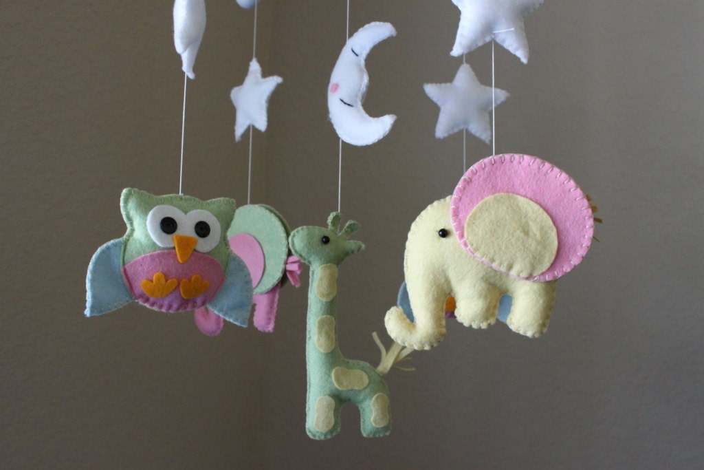 Baby Crib Mobile - Baby Mobile - Nursery Owl Mobile - Elephant Mobile "Baby Animals in the Night" (You can pick your colors)