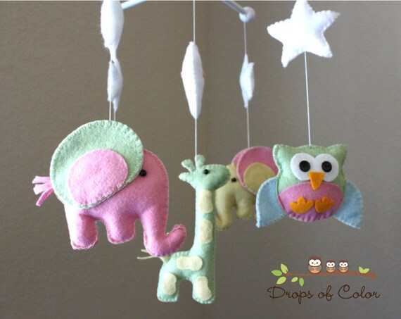 Baby Crib Mobile - Baby Mobile - Nursery Owl Mobile - Elephant Mobile "Baby Animals in the Night" (You can pick your colors)