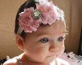 Pink Baby Headband, baby girl headband,Newborn Headband, shabby chic flower headband, christening headband,baptism headband.