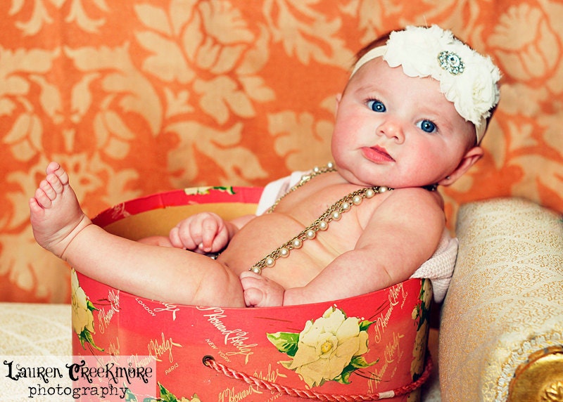 20% off entire order..Ivory/Cream rosette rhinestone flower headband, baby headbands, newborn headbands, infant, toddler, adult