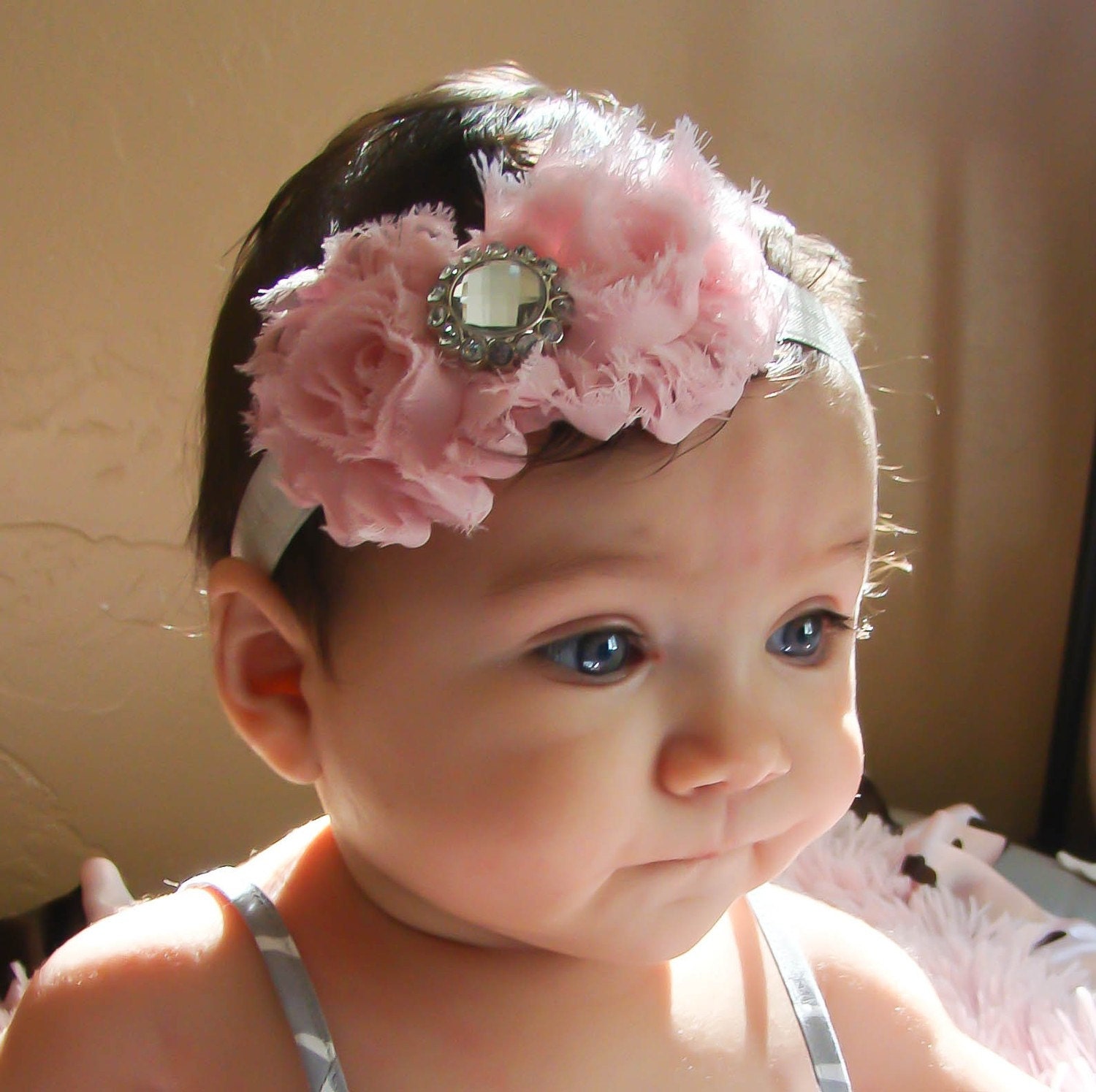 Pink Baby Headband, baby girl headband,Newborn Headband, shabby chic flower headband, christening headband,baptism headband.