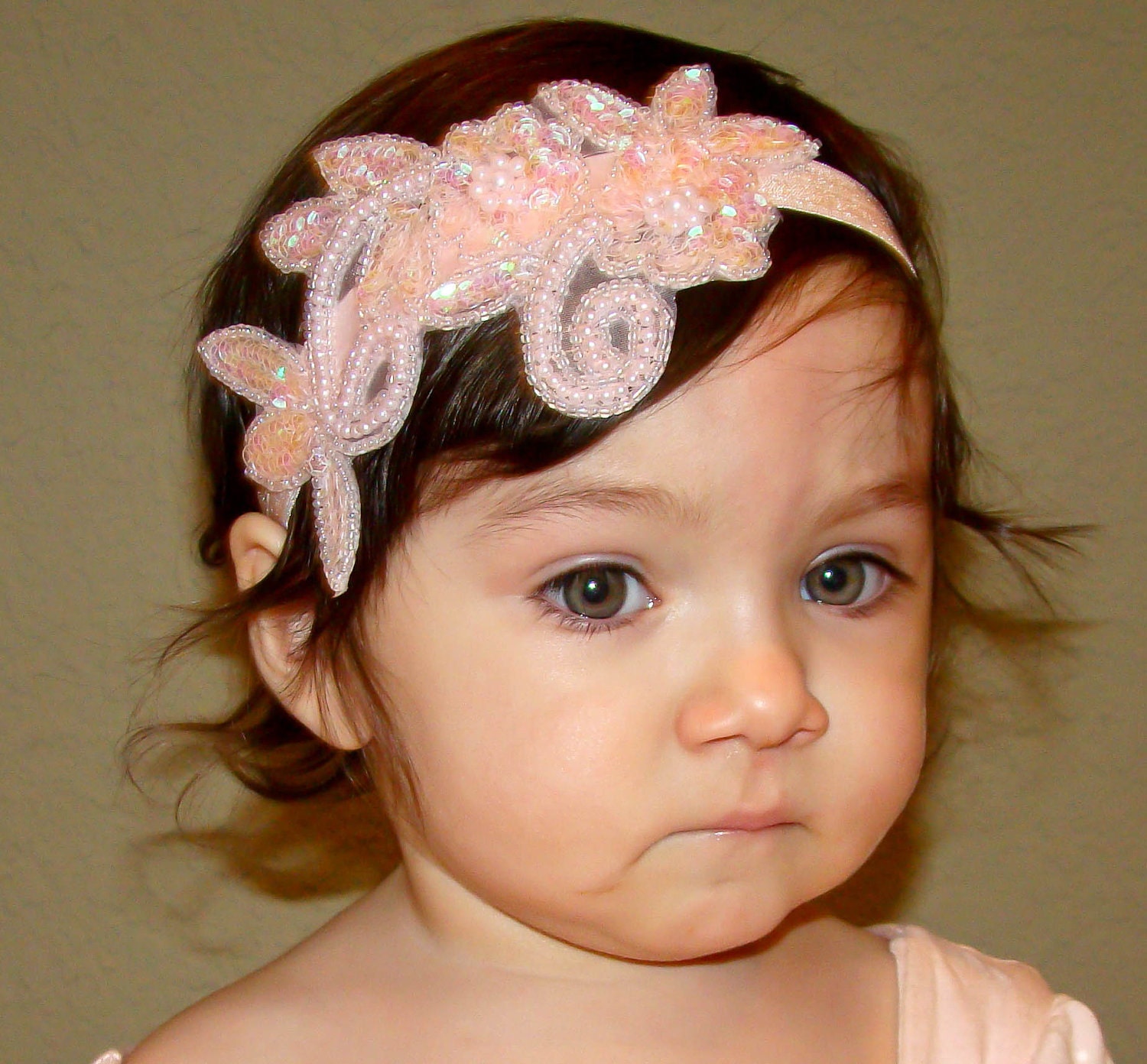 20% off entire order...Pink Pearl Sequin Beaded Headband...baby headbands, newborn headbands, infant, toddler, adult