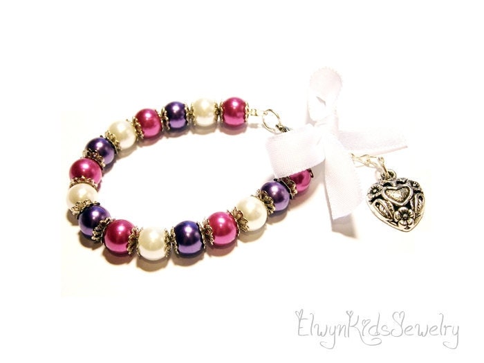 Flower Girl, Heart Bracelet,  Little Girls, Kids Jewelry, Bow Bracelet