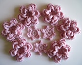9 Crochet Cashmere Flower Appliques - Pink - Set of 9