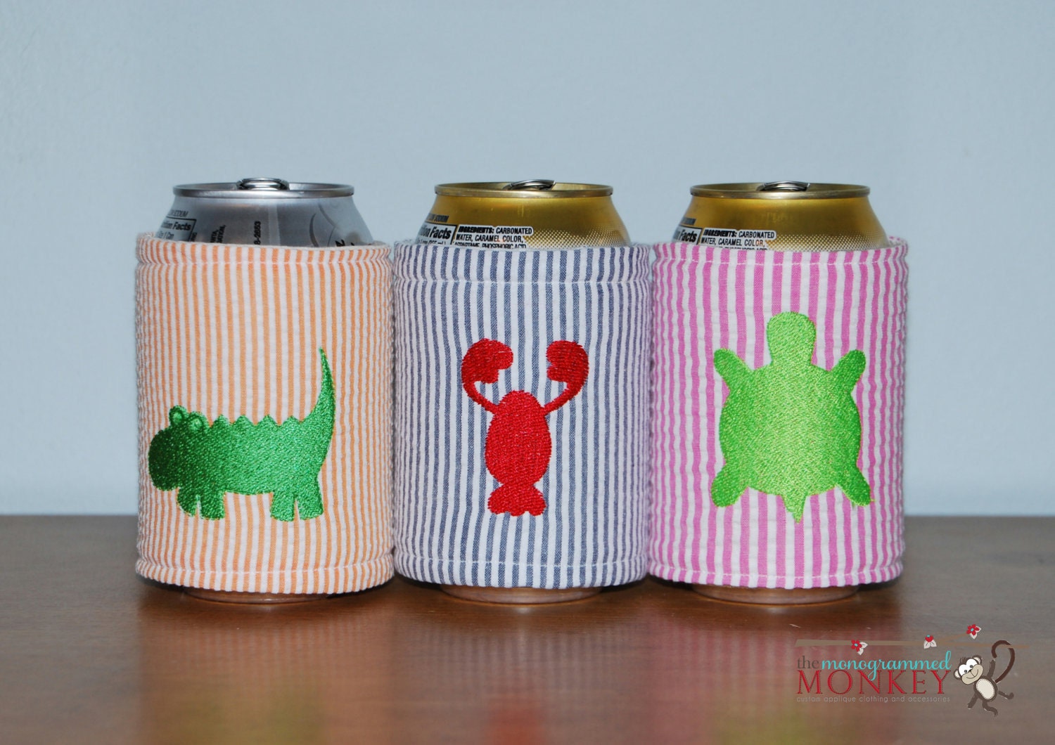 Seersucker Monogrammed Embroidered Critter Lobster Drink Can Koozie Coozie Cozy Hugger Alligator Anchor Whale Crab Turtle Sailboat Elephant