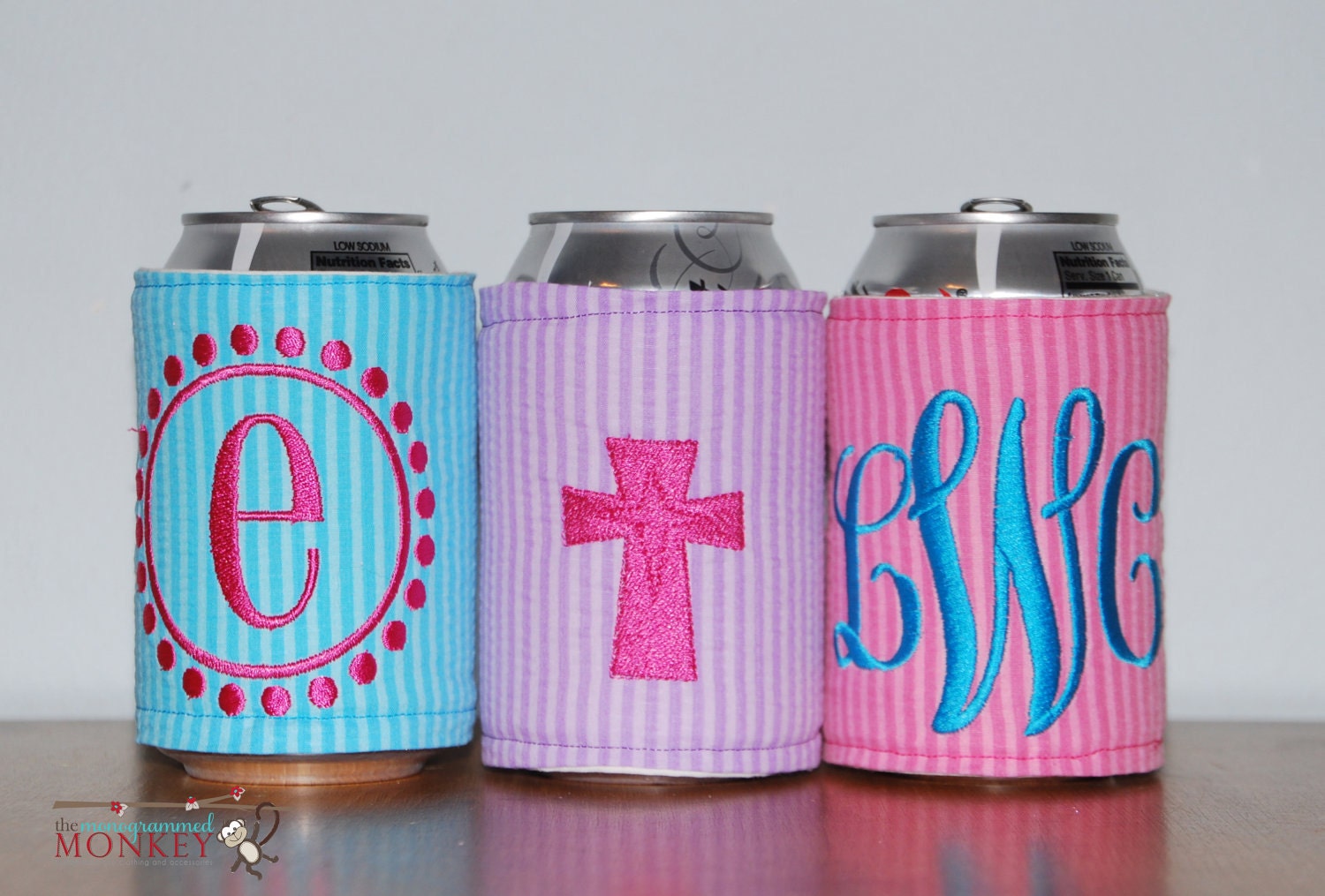 Custom Boutique Seersucker Personalized Monogrammed Insulated Drink Can Koozie Cozy Coozie Drink Hugger Drink Huggie Coosie Koosie