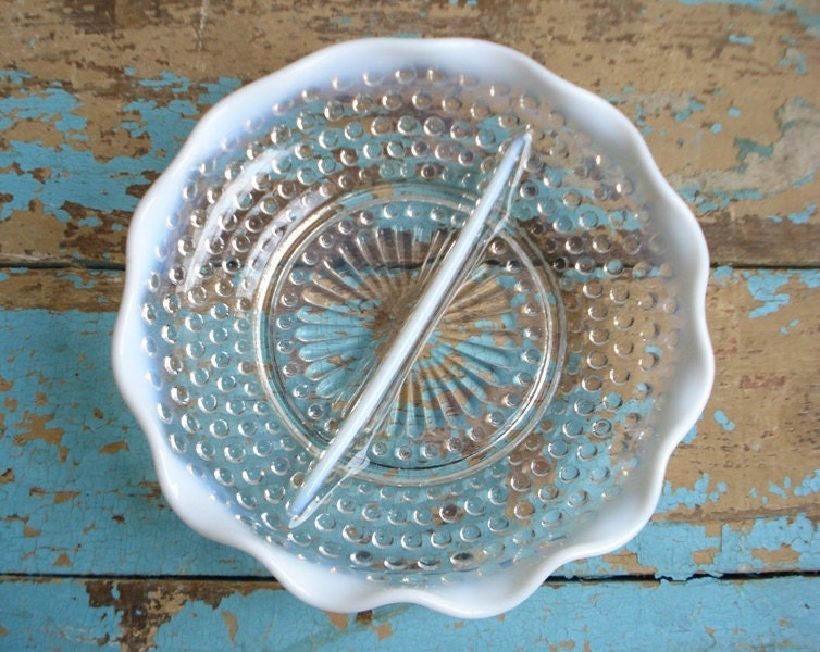 Vintage Moonstone Divided Dish - Anchor Hocking - Opalescent Hobnail Depression Glass - Jewelry Dish