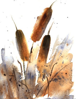 Cattails Watercolor Painting Fine Art Print of 'Sunlit Cattails' 5x7 Nature Landscape by Vickie Sue Cheek