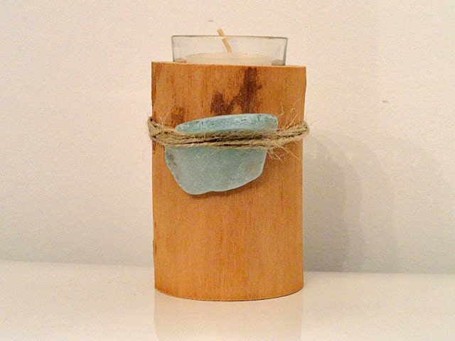 Birch Tea Light  Holder With Sea Glass