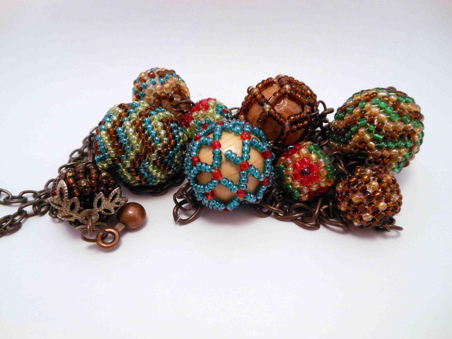 Beaded & Chain Necklace, Blue, Red, Green, Bead on Bead, Free shipping