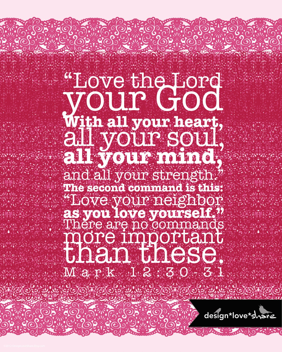 DIY Printable Art Print Bible Verse Mark 12:30-31 With All your heart