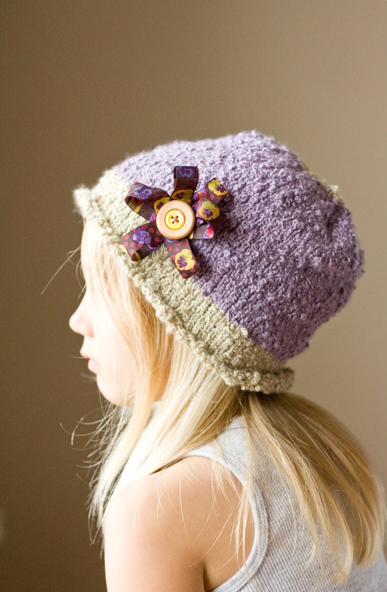 Purple Cashmere Blend Cloche Hat with Ribbon Flower and Button Detail