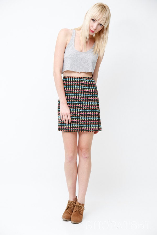 Vintage 90s Grunge Floral Mini Skirt - Black pencil skirt - size US 7/8